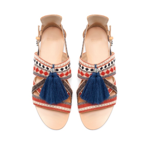 Zara tan/brown leather strappy blue tassel flat sandals, women’s EUR 37 / US 6.5 - Picture 1 of 13